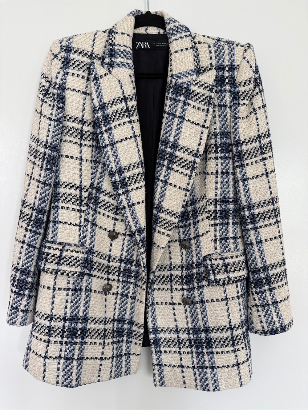Zara Cream and Navy Plaid Double-Breasted Blazer